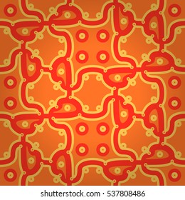 Warm orange fancy seamless pattern in microcircuit style. Tangled tessellated repeatable backdrop.
