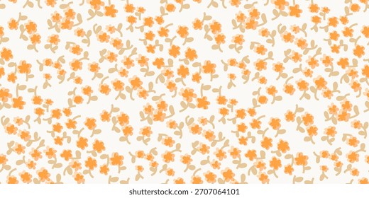 Patrón de sobreimpresión floral naranja cálido con subgrupos de color tostado sobre un fondo blanco. Alegres flores lanzadas ideales para regalos de San Valentín, empaques románticos y temas decorativos juguetones.