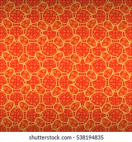 Warm orange geometrical seamless pattern in inkblot test style. Modern motif. Clean puzzle repeatable backdrop. Shining, symmetrical design for web, wallpaper, curtain or other purpose.
