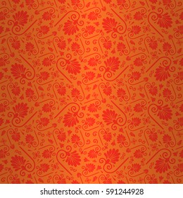 Warm orange geometrical seamless pattern in ethnic style. Colored, symmetric design for web, fabric, packing-paper or other purpose.