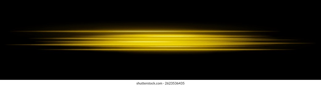 Warm orange horizontal speed light streaks on black background. Ideal for motion effects, light trails, or fast digital animations.