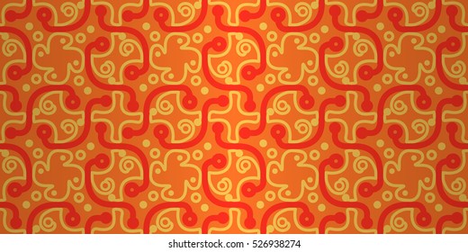 Warm orange ornamental seamless pattern background in alien style. Complicated puzzle repeatable backdrop. Contemporary design. Vivid, graphic design for banner, web, surface or other purpose.