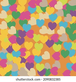 Warm Orange Rainbow Trendy Detailed Fabric. Violet Green Hearts Love Confetti Vector Print. Light Pastel Simple Romantic Wedding Art. Multicolor Pink Yellow Saint Valentine Art Illustration.