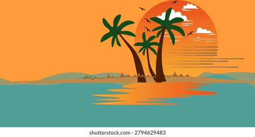 Warm orange sunset behind a small tropical island with palm trees, birds and reflective water. A tranquil summer seascape evoking relaxation, paradise, travel and peaceful coastal vibes for design use.