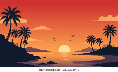 Warm Orange Tropical Sunset Beach Flat Vector Landscape With Palm Trees Silhouettes And Calm Sea