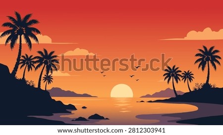 Warm Orange Tropical Sunset Beach Flat Vector Landscape With Palm Trees Silhouettes And Calm Sea