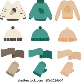 
Warm outerwear set. Sweater, hat, gloves, scarf on a white background. Vector illustration