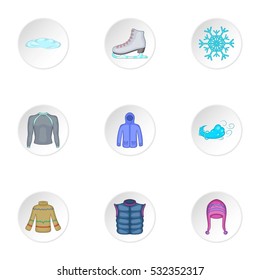 Warm outfits icons set. Cartoon illustration of 9 warm outfits vector icons for web