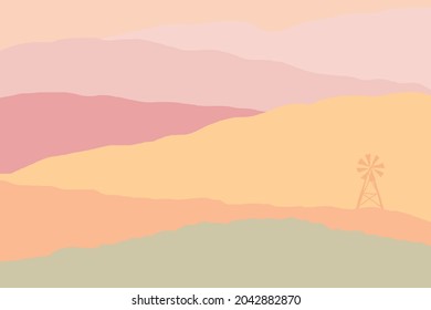 El fondo es cálido, en tonos pastel y con molino de viento.