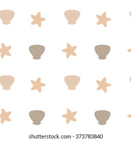 warm pastel colored shell and starfish on white background seamless vector pattern illustration