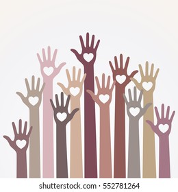 Warm pastel light monochrome colors colorful caring up hands hearts vector logo design element. Volunteers hands up with heart emblem icon for education, health care, medical, volunteer, vote