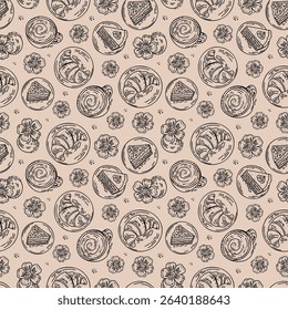 Warm pattern, sketch of coffee elements in the sketch style. Drawing smooth lines of hot drinks, cake, croissant for the cafe menu.
