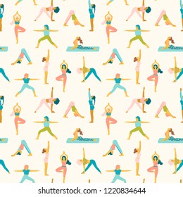 Warm & peaceful yoga gym pattern, seamless vector repeat with cute girls. Simplified illustration style. Isolated elements for editorial & textile design, backgrounds & wallpapers and other surfaces