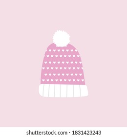 Warm pink knitted hat with a pompom. Cute doodle illustrations