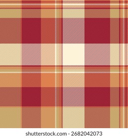 Patrón de tela a cuadros cálido, Vector de chaqueta a prueba de textura. Textil de fondo de tartán sin costuras desordenado en paleta de colores rojo y ámbar.