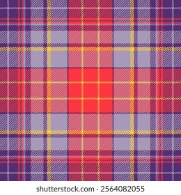 Warm plaid fabric pattern, swatch texture textile background. Comfort tartan seamless check vector in violet and pastel colors palette.