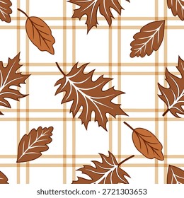 Quente xadrez e folha padrão de azulejo sem emenda com outono inspirados cores para um acolhedor outono olhar conceito como outono inspirada cores e padrões xadrez combinar em um acolhedor acolhedor padrão de azulejo sem emenda perfeito para queda no Photo Stock Concept e espaço vazio no lado esquerdo, sem texto —ar 7:2 —azulejo