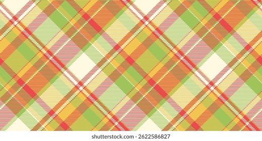 Warm plaid pattern. Bright, seamless textile design with diagonal stripes, intersecting lines, vibrant colors. Ideal for backgrounds, apparel, crafts, creative projects.