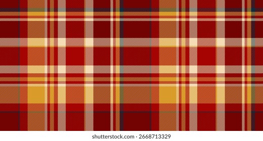 Warm plaid pattern in red and gold tones. Classic textile design, perfect for backgrounds, prints, or festive projects. Adds a touch of timeless style.
