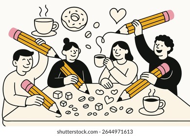 Warm and playful vector of friends enjoying coffee and drawing with giant pencils. Includes coffee cups, sugar cubes, donuts, and hearts. Perfect for café themes, creativity, and cozy moments.