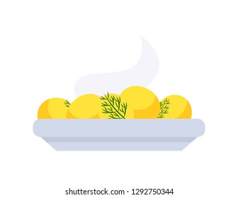 Warm potatoes on plate, holiday dish in flat style isolated on white. Yellow boiled food with parsley vector icon. Traditional cooked meal with greens