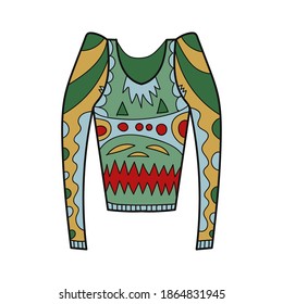 Pullover cálida, suéter. Invierno tejiendo ropa hecha a mano con un patrón brillante. Ilustración de material vectorial en estilo de caricatura.