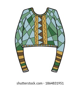 Warm pullover, sweater. Winter knitting handmade clothes with bright pattern. Vector stock illustration in cartoon style.