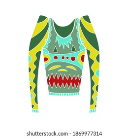 Warm pullover, sweater. Winter knitting handmade clothes with bright pattern. Vector stock illustration in cartoon style.