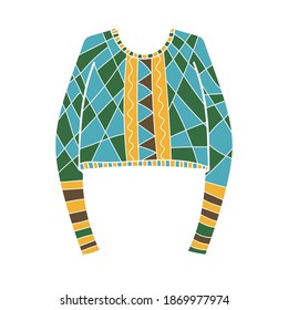 Warmer Pullover, Pullover. Wintergestrickte handgefertigte Kleidung mit hellen Mustern. Vektorgrafik im Cartoon-Stil.