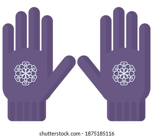 guantes morados calientes con copos de nieve. Ilustración del vector