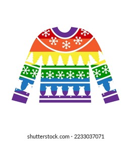 Warm rainbow pride sweater for gay lgbt person. Wueer christmas and new year concept. Vector flat illustration.