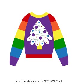Warm rainbow pride sweater for gay lgbt person. Wueer christmas and new year concept. Vector flat illustration.