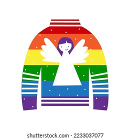 Warm rainbow pride sweater for gay lgbt person. Wueer christmas and new year concept. Vector flat illustration.