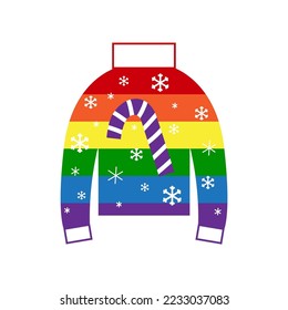 Warm rainbow pride sweater for gay lgbt person. Wueer christmas and new year concept. Vector flat illustration.