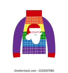Warm rainbow pride sweater for gay lgbt person. Wueer christmas and new year concept. Vector flat illustration.