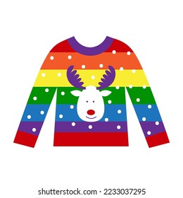 Warm rainbow pride sweater for gay lgbt person. Wueer christmas and new year concept. Vector flat illustration.