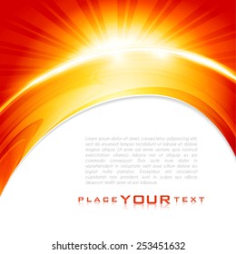 Warm rays sunlight. Abstract red and yellow color background with lighting effect. Shiny cover design template layout for corporate card, book, booklet, brochure, poster, banner. Vector illustration