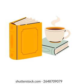 Cena de canto de leitura quente com caneca de café colocada ao lado de livros empilhados