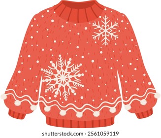 Warm red christmas sweater with white snowflakes and pompoms is perfect for winter holidays and celebrations, bringing cozy and festive vibes