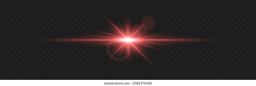 Warm red lens flare with radiant beams and circular light reflections on a dark transparent background. Horizontal glow effect symbolizes illumination, energy, and cinematic lighting