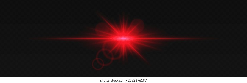 Warm red lens flare with radiant beams and circular light reflections on a dark transparent background. Horizontal glow effect symbolizes illumination, energy, and cinematic lighting