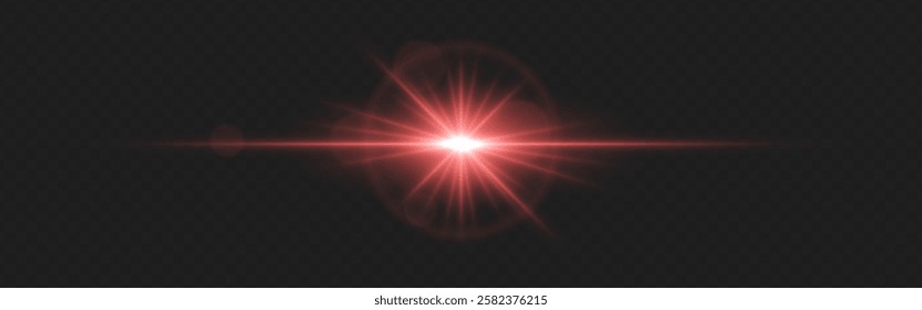 Warm red lens flare with radiant beams and circular light reflections on a dark transparent background. Horizontal glow effect symbolizes illumination, energy, and cinematic lighting