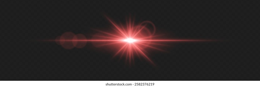 Warm red lens flare with radiant beams and circular light reflections on a dark transparent background. Horizontal glow effect symbolizes illumination, energy, and cinematic lighting