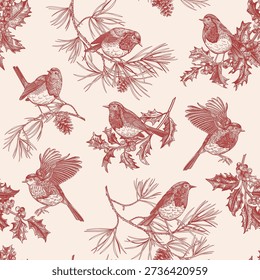 Warm red-toned seamless pattern with robins, holly, and pine branches. Vintage hand-drawn ink illustration for Christmas