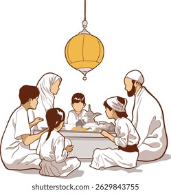 A warm and respectful vector illustration of a Muslim family enjoying a traditional meal together. Perfect for Ramadan, Eid al-Fitr, Islamic culture, and family unity concepts.
