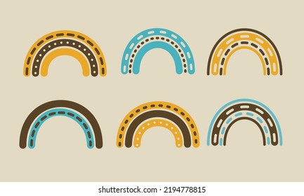 Warm Retro Groovy Rainbow Set. 1970 Good Vibes Childish Vector Illustration. Cute 70s Art For Kids, Neutral Bedroom Decor. Old School Vintage Hippie Vibe Trippy Elements. Orange Blue Brown Dotted