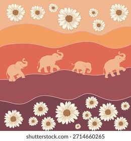 Cálida Ilustración vectorial de estilo retro con lindos elefantes caminando a través de las olas que fluyen y flores de margarita en flor, perfecta para impresiones textiles, Fondos de pantalla, fondos y diseños de superficies decorativas.