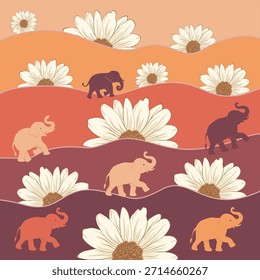 Cálida Ilustración vectorial de estilo retro con lindos elefantes caminando a través de las olas que fluyen y flores de margarita en flor, perfecta para impresiones textiles, Fondos de pantalla, fondos y diseños de superficies decorativas.