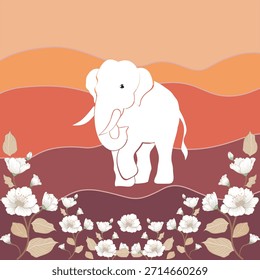 Cálida Ilustración vectorial de estilo retro con lindos elefantes caminando a través de las olas que fluyen y flores de margarita en flor, perfecta para impresiones textiles, Fondos de pantalla, fondos y diseños de superficies decorativas.