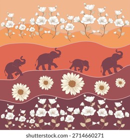 Cálida Ilustración vectorial de estilo retro con lindos elefantes caminando a través de las olas que fluyen y flores de margarita en flor, perfecta para impresiones textiles, Fondos de pantalla, fondos y diseños de superficies decorativas.
